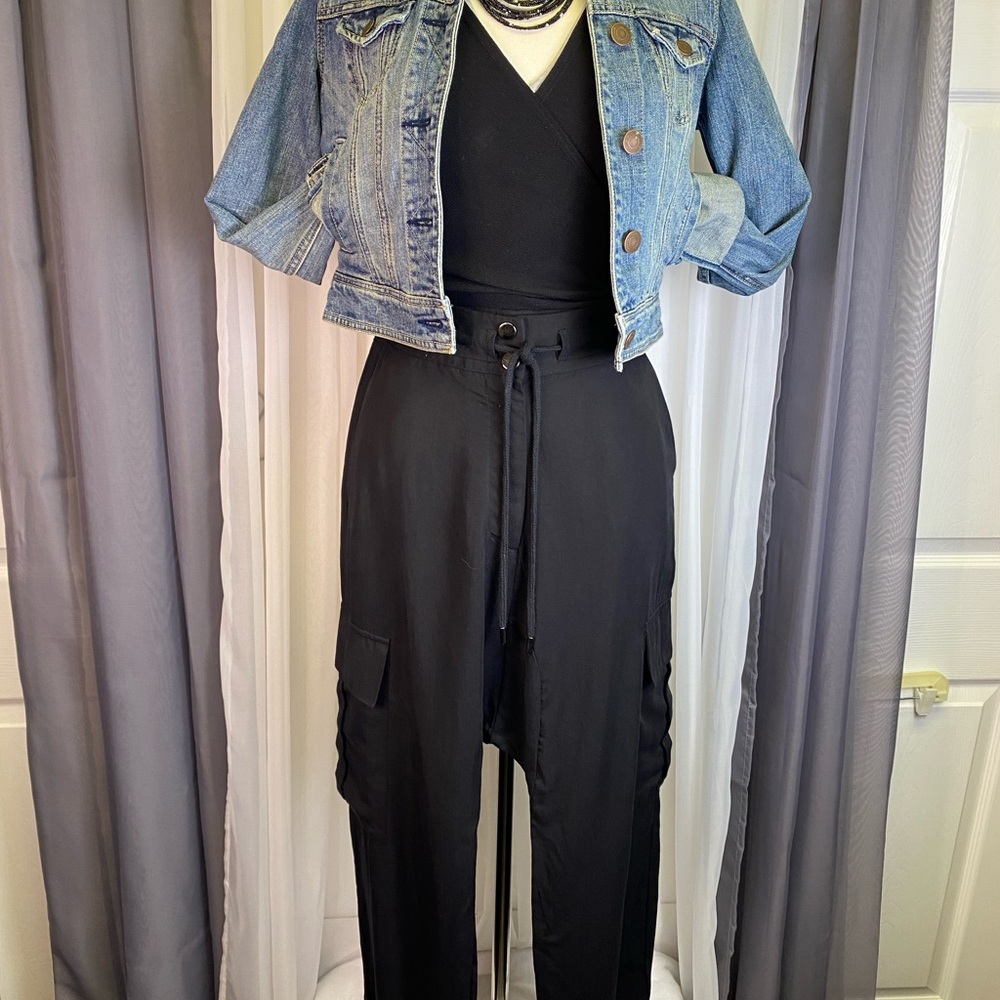 Zara Black Drop Crotch Cargo Jogger Pants NWT Small Utility Pocket - Picture 14 of 15